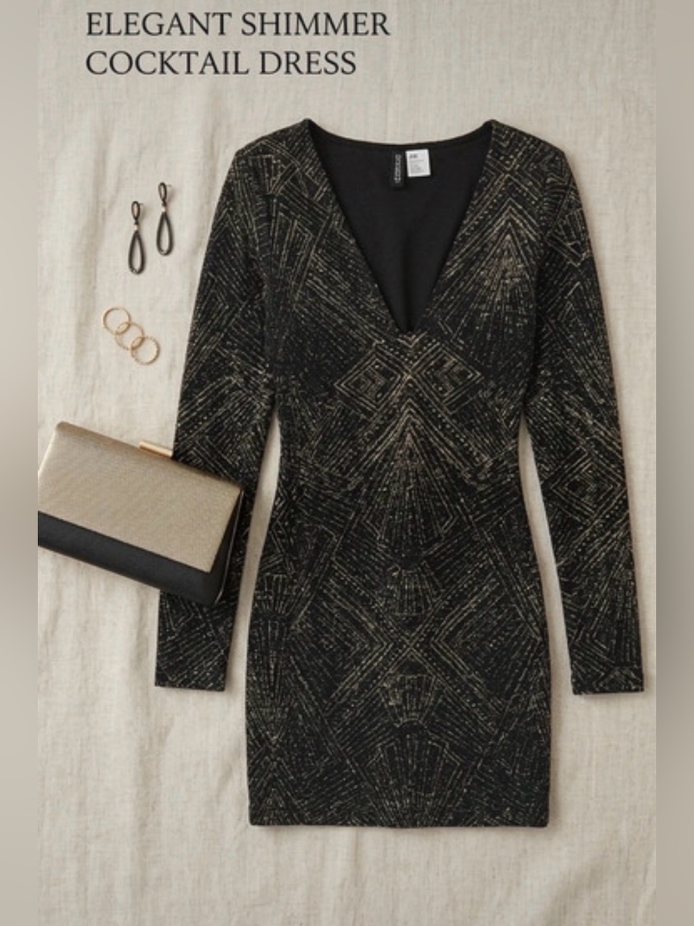 Divided Black Dress with Gold Shimmer Geometric Pattern
